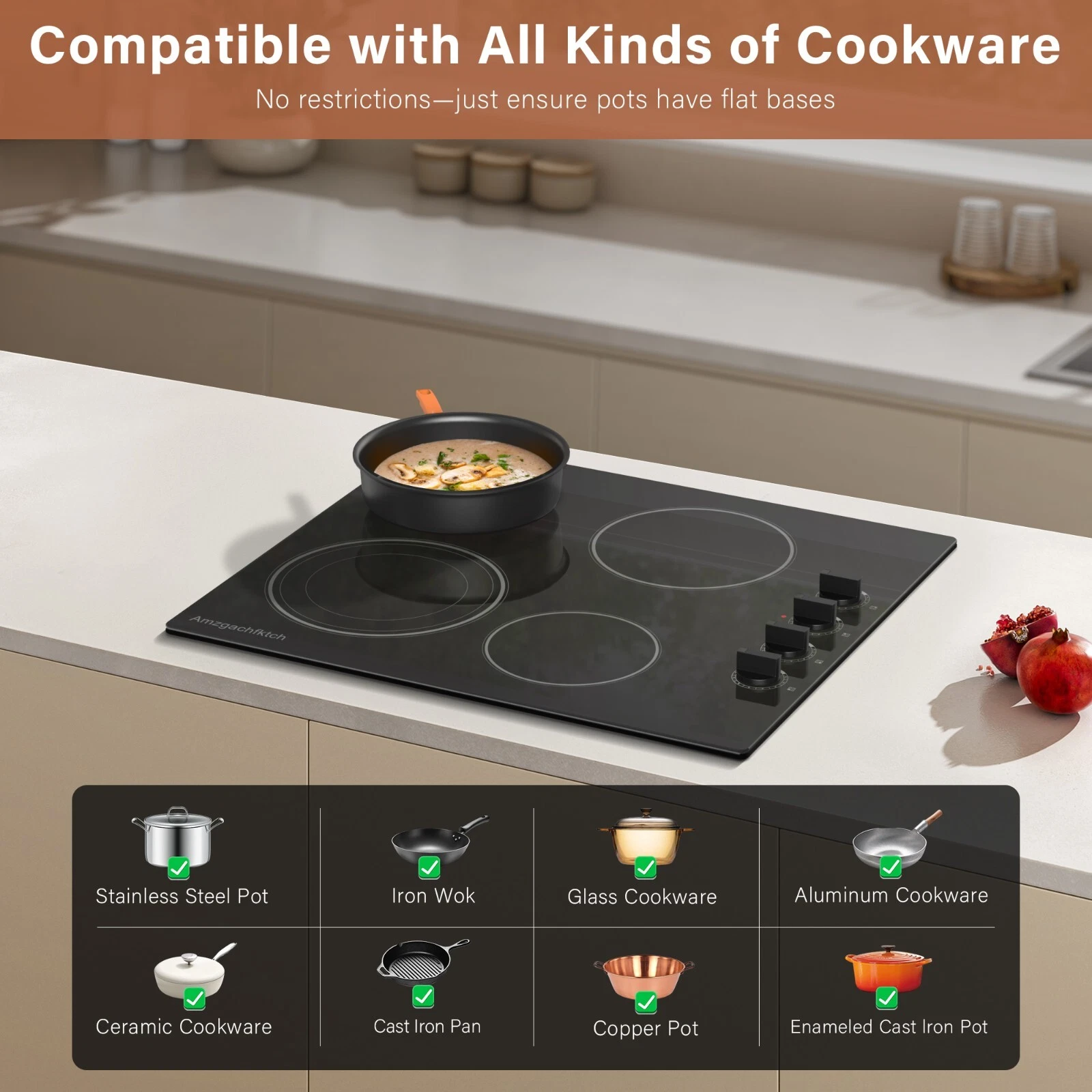 24 inch Built-In 4 Burner Electric Cooktop Dual-Ring Burners 6700W Radiant StoveTop with Knob Control Residual Heat Indicator auto shut off, 220V~240V Hardwire (No Plug)