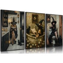 Gothic Bathroom Canvas Wall Art Black Cat and Witch Reading Book in Bathtub Poster Prints Dark Academia Wall Decor picturesfor Bathroom Gallery Toilet Restroom Home Decoration