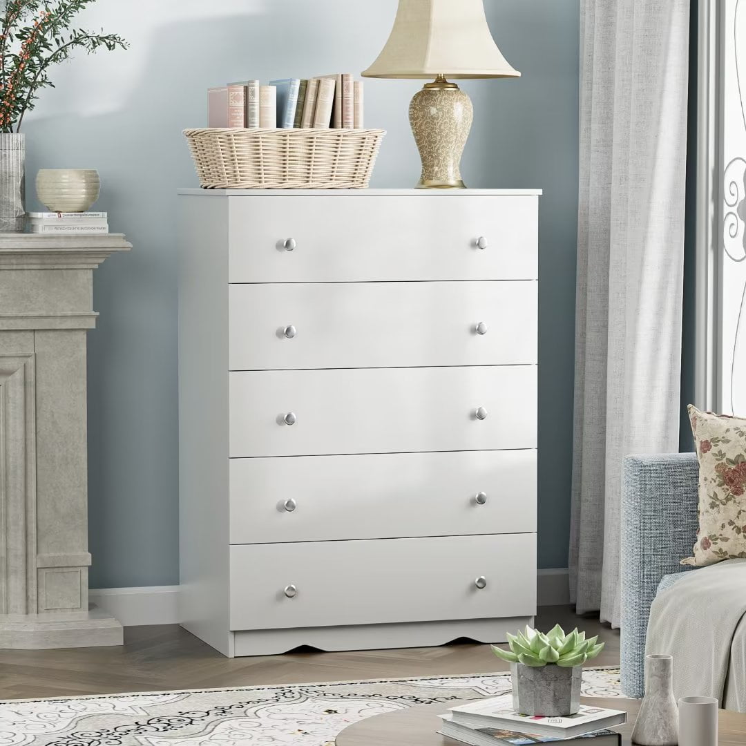 Vineego Bedroom dresser, 5 drawer closet bedroom with modern wooden storage drawers,(white