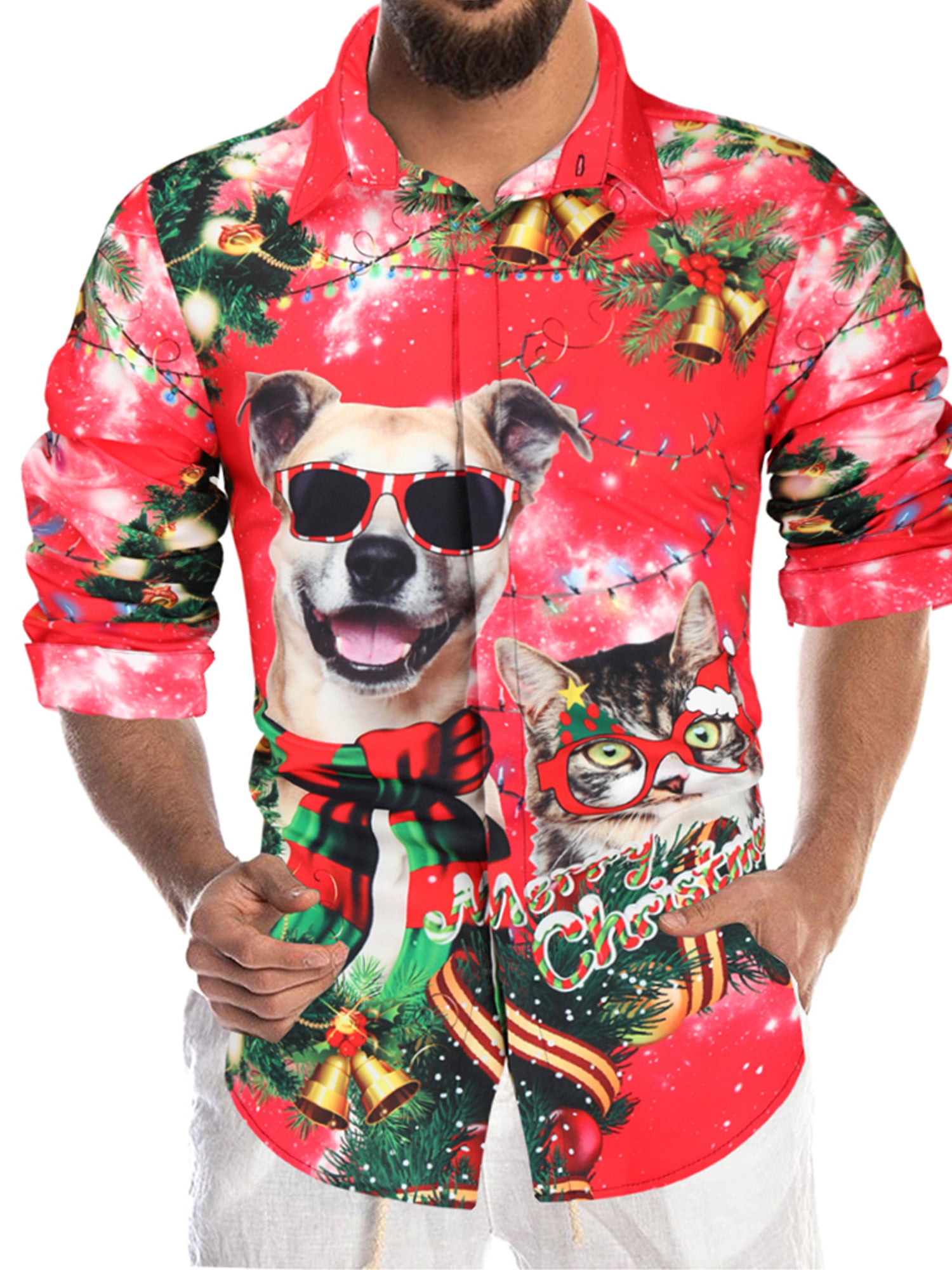 Cool Christmas Dog Printing Men Casual Short Sleeve Christmas Animal T-Shirt 