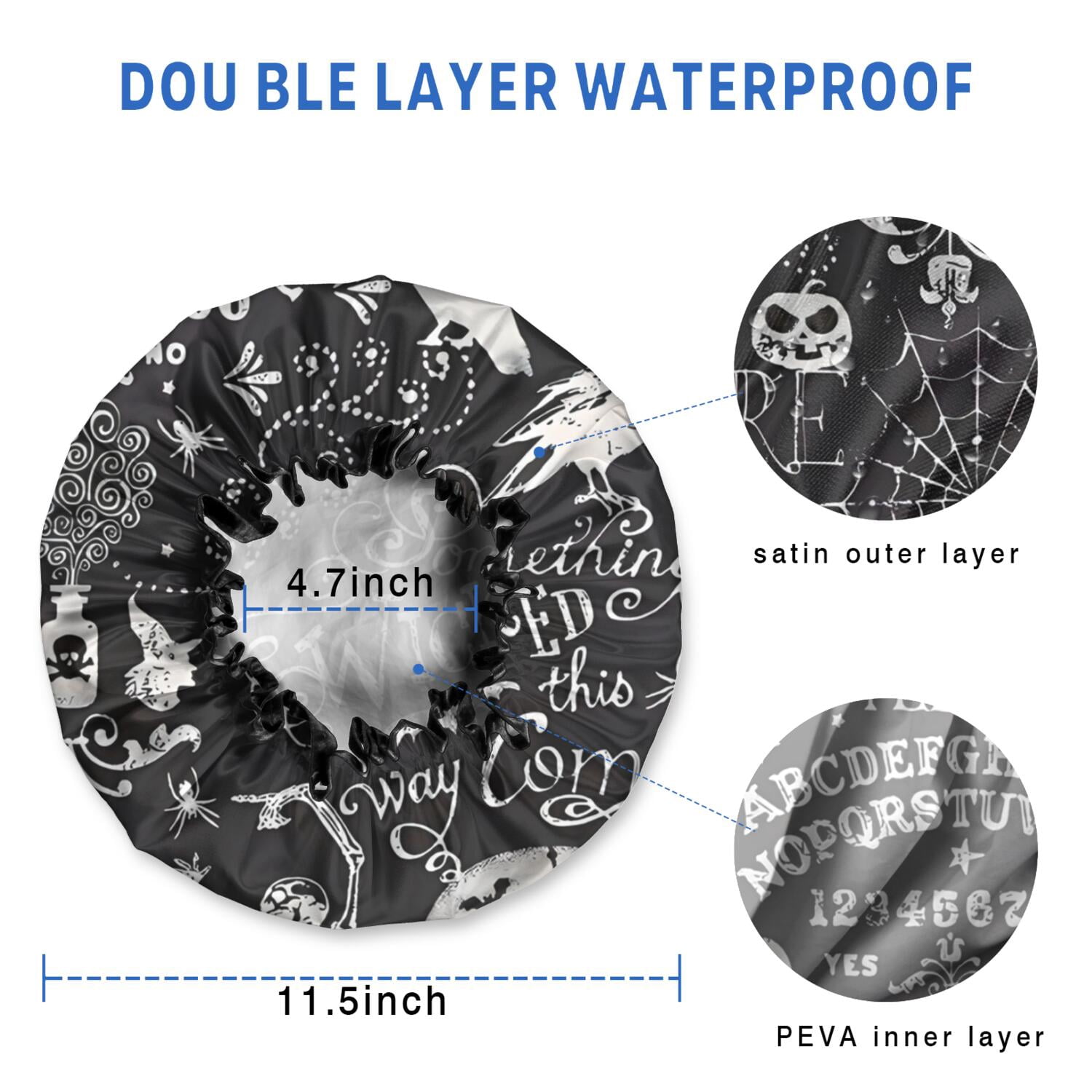 Shower Caps,Black Halloween Letter Bat Pattern Waterproof Shower Cap for Women 4 Pieces,Double Reusable Hair Cover for Shower PEVA Elastic Stretch Hem