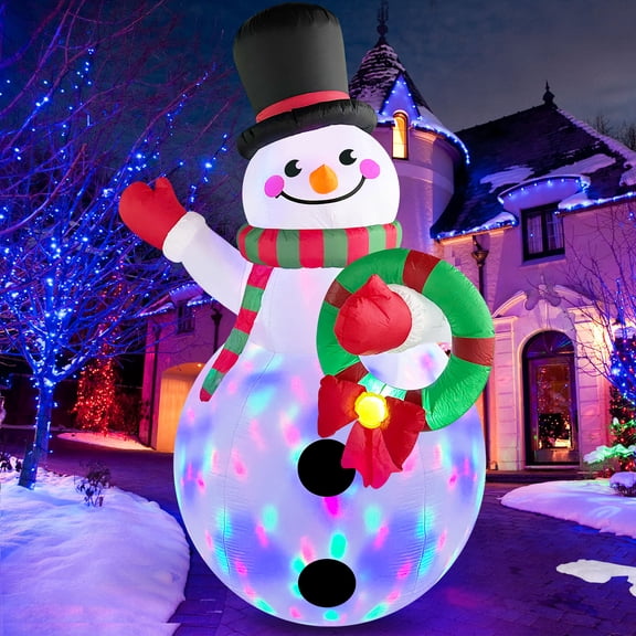 8FT Christmas Inflatables Outdoor Decorations Blow Up Snowman Holding Garland Yard Decor Build-in Rotating Colorful LEDs Xmas Holiday Party Lawn