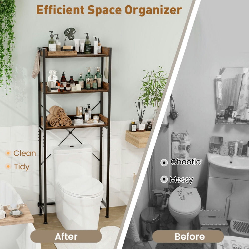 Finihen Toilet Storage Rack, Toilet Storage Shelf, Over The Toilet Storage Rack with Hooks and Adjustable Bottom Bar, for Bathroom, Gray
