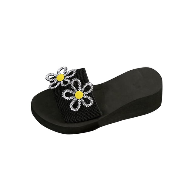 Yellow Womens Slippers Wedge Heel Round Toe Open Toe Rhinestone Flower Thick Sole Casual Spring Summer Outdoor Indoor Slides For Women Daily Wear Size 37