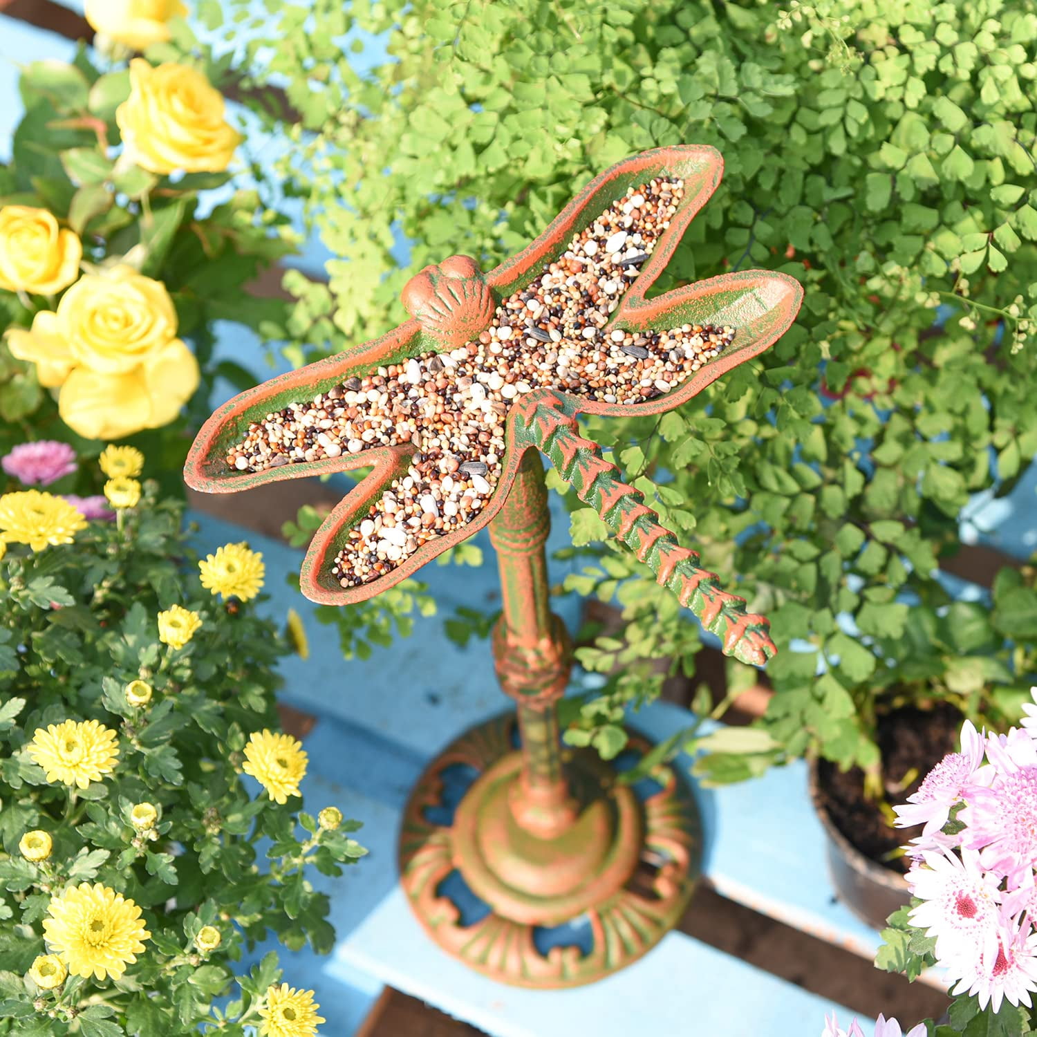Sungmor Heavy Duty Cast Iron Small Bird Bath for Garden, Wild Bird Water Bath Food Holder, Outdoor Yard Standing Feeder with Vintage Special Color & Lovely Dragonfly Shape, Great Garden Ornament