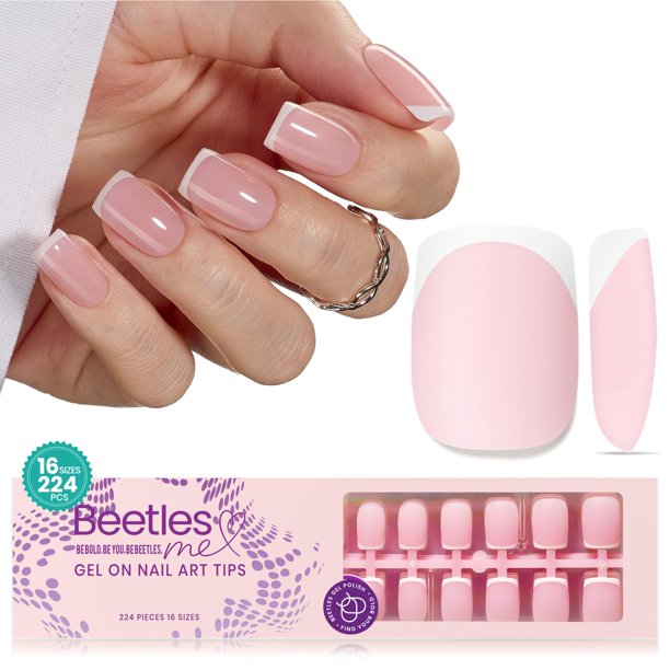 Press on Nails Beetles, forma corta, cuadrada, punta francesa, rosa, 224