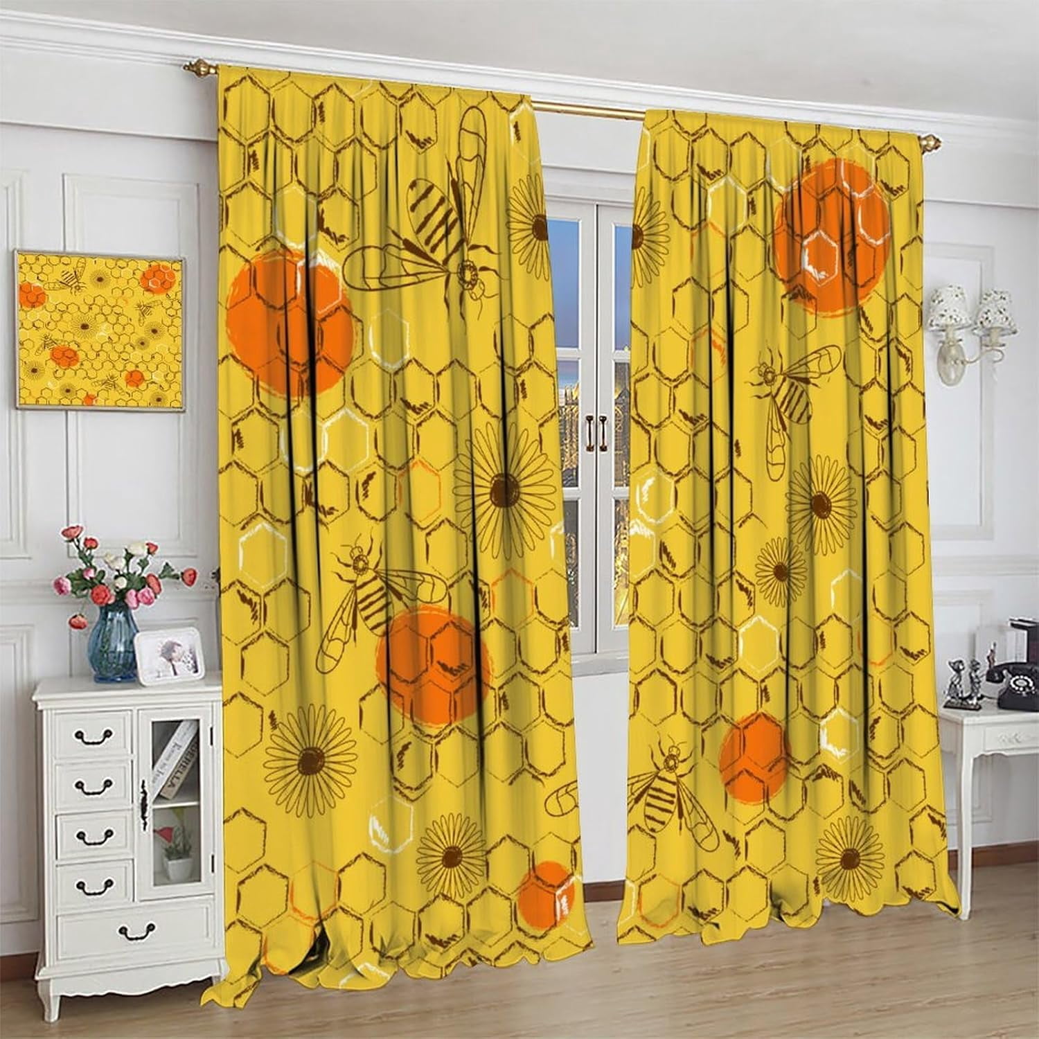 Kids Bee Blackout Curtains Cartoon Cute Bee Yellow Honeycomb Floral Pattern Print Living Room Curtains Suitable for Boys Girls Room Bedroom Decorative Curtains 52x84 Inches