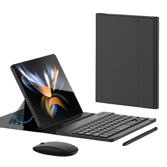voppton for Samsung Galaxy Z Fold 6 5 4 Keyboard and Mouse, Portable Mini Bluetooth Keyboard with Leather Case and Capacitive Pen, Wireless Keyboard Case for Z Fold 6 Accessories,Black