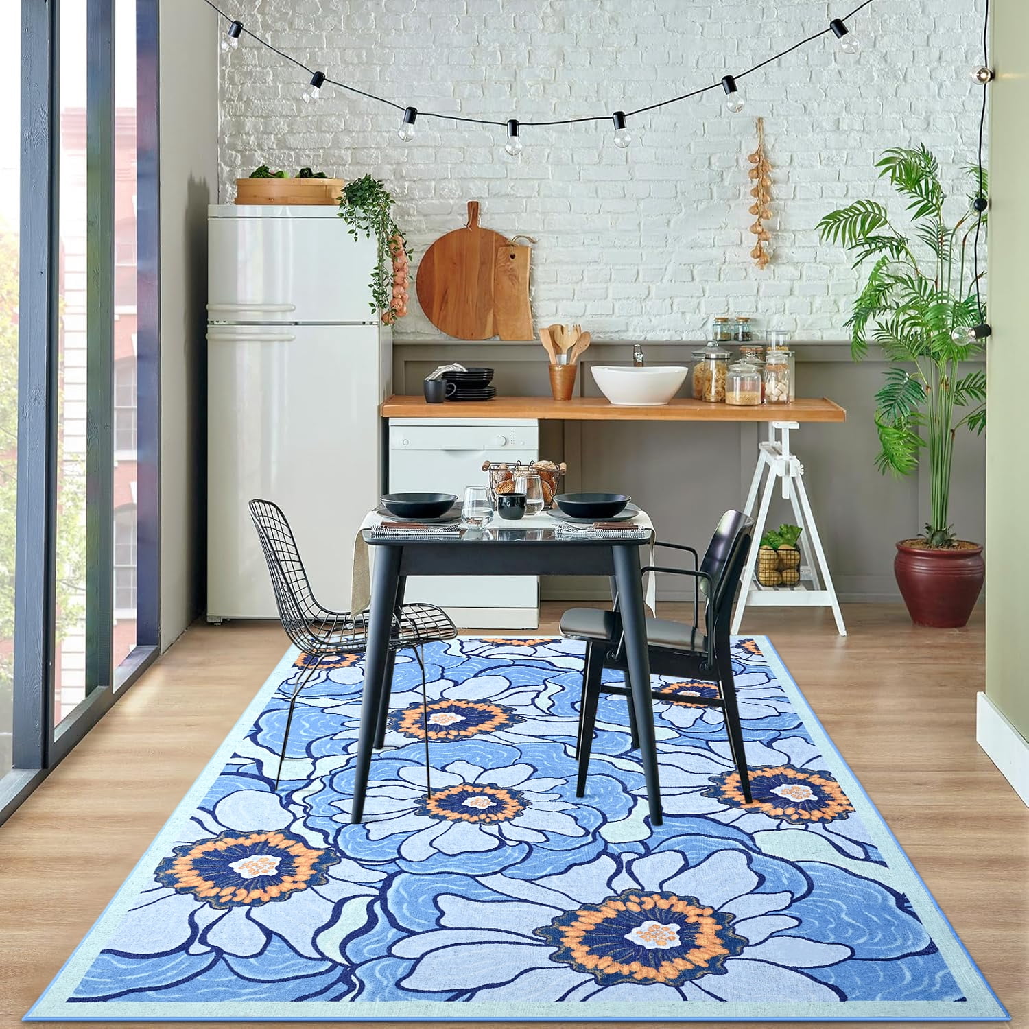 Wellber Area Rug Soft Vintage Floral Rugs Non Slip Carpet for Bedroom Living Room Home Deocr,4'x6',Blue