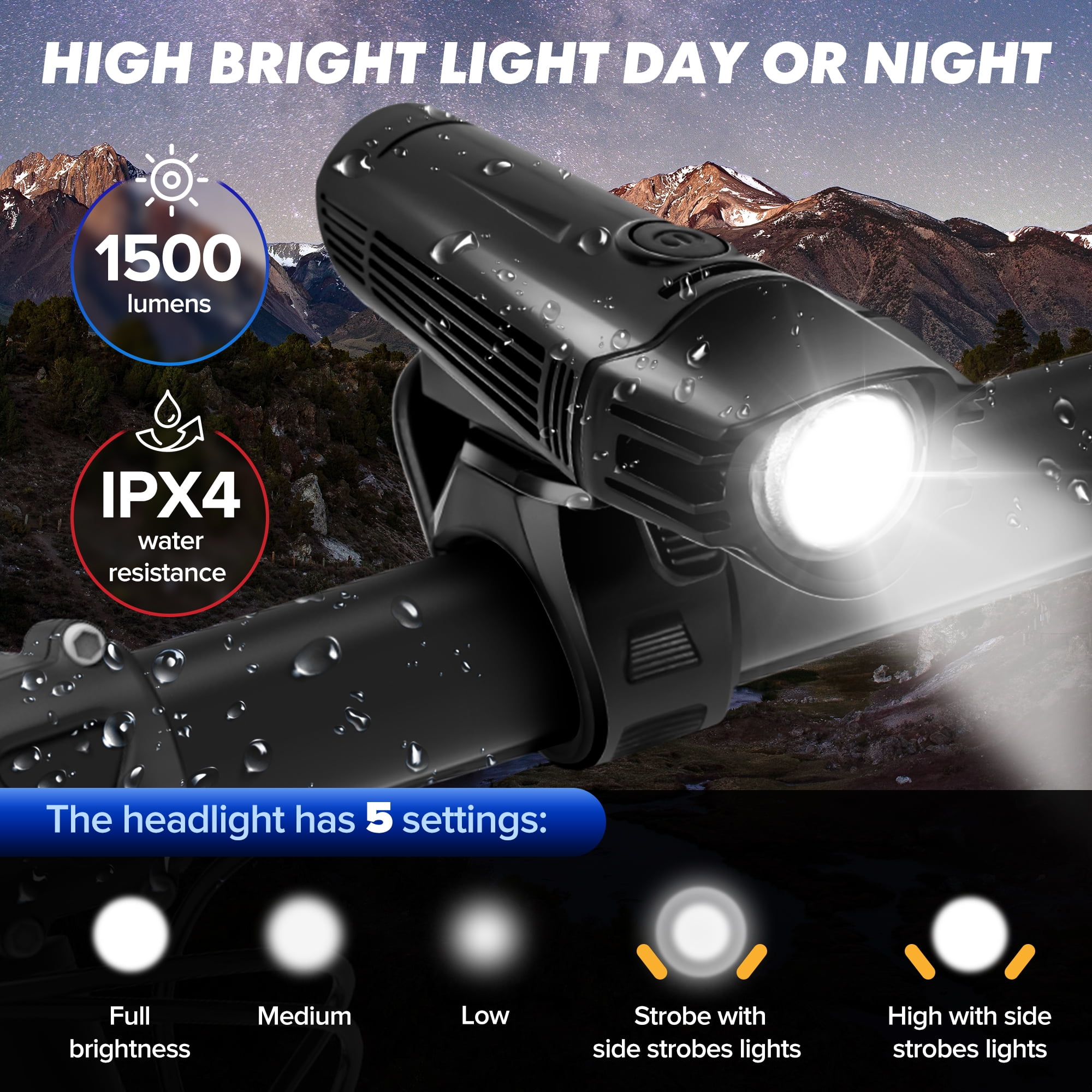 Bike Light Set Headlight, Tail Rear Light 1500 LM, Rechargeable Ultra Bright LED Night Cycling Accessories