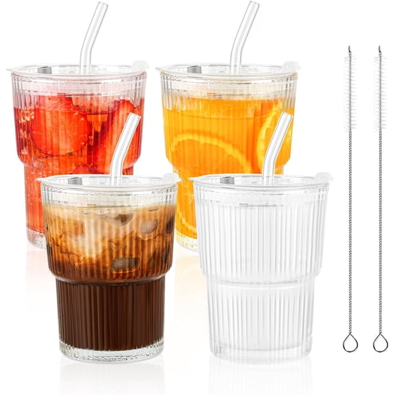 4 Pack 14oz Glass Cups with Lids and Straws Iced Coffee Cups Vintage Ribbed Glassware for Beer Ice Coffee Fruit Juice Elegant Aesthetic Cup Glass Iced Coffee Tumbler Include Cleaning Brushes