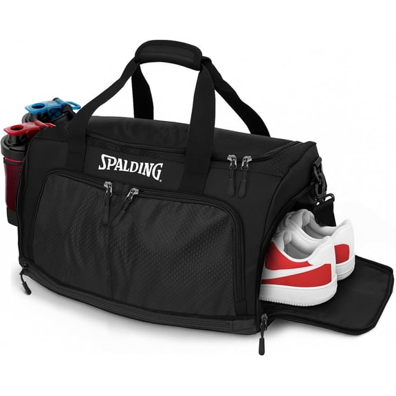 Spalding 55L Gym Duffle Bag with Shoe & Wet Compartment – Waterproof Sports Travel Bag for Men & Women, Black, 24 x 12 x 14 in