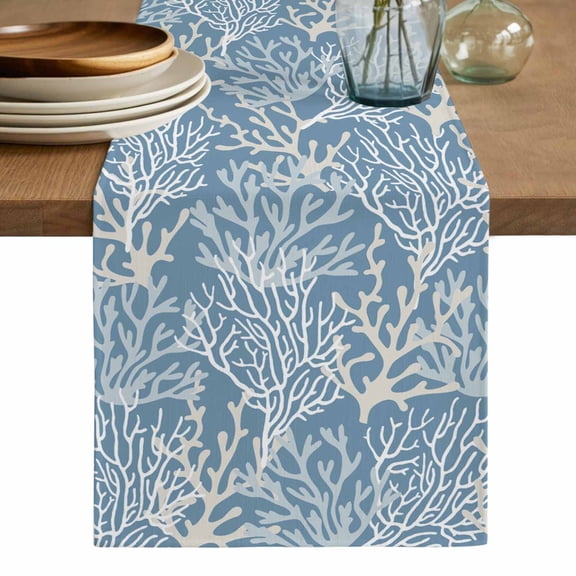 Blue Coral Coastal Table Runner, Ocean Nautical Seaside Beach Washable Cotton Linen Table Runners 36 Inches Long, Dresser Scarf Runner for Nightstand/End Tables/Round Tables 13''x36''