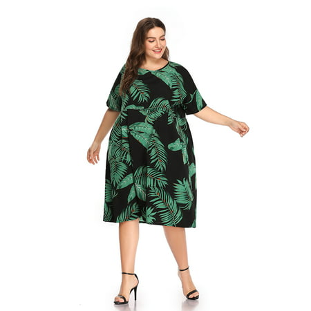 Women Dress,Plus Size Leaf Pattern Dropped Shoulder (Best Way To Drop A Dress Size)