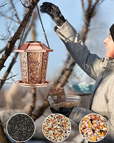Solar Bird Feeders for Outdoors Hanging - Premium Grade Metal Bird Feeder, Chew-Proof, Weather and Water Resistant Wild Bird feeders, Outside and Garden Decoration-New