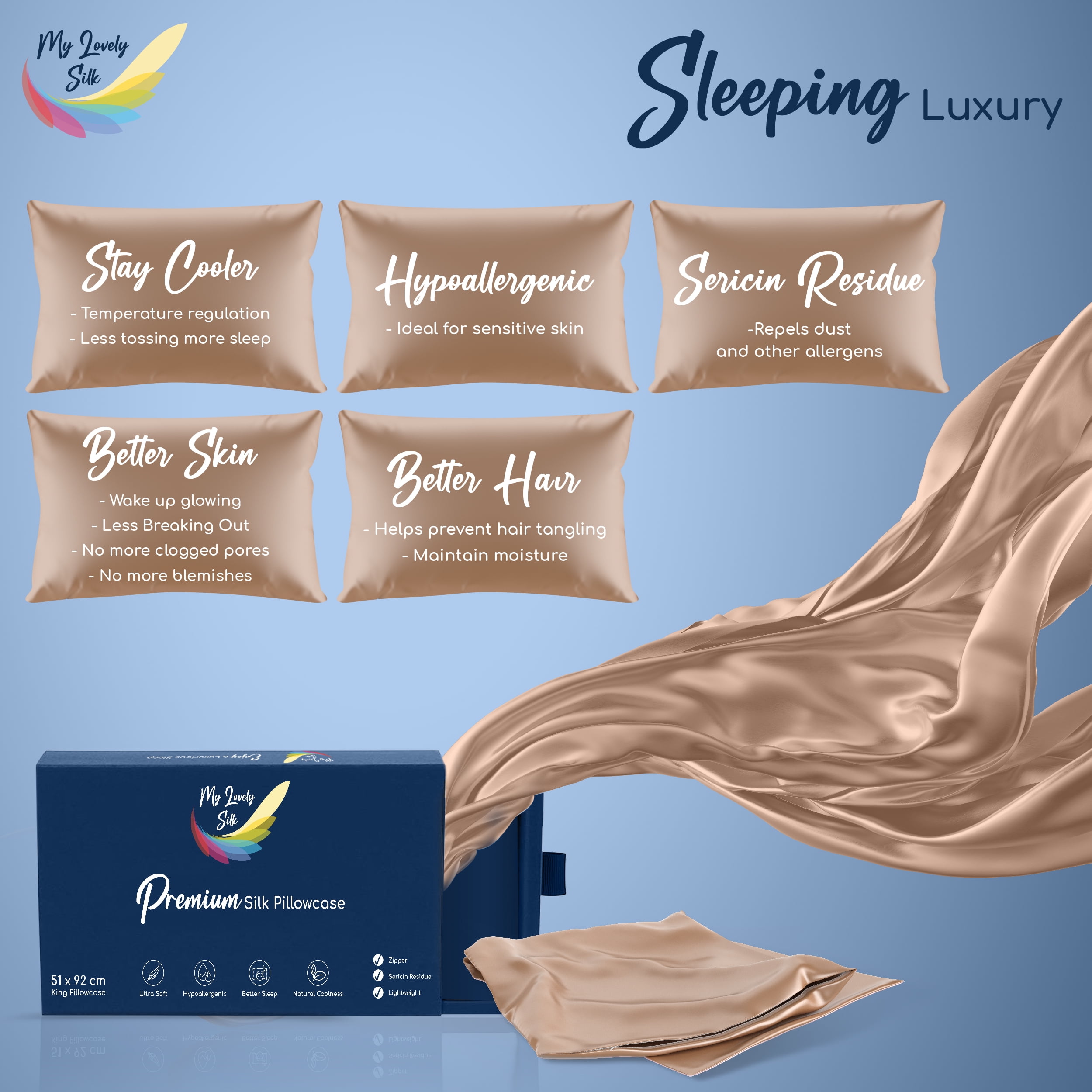 My Lovely Silk Pure 6A Silk Pillowcase - 51 x 92 cm, Natural Silk Pillow Case For Hair and Skin, Hypoallergenic and Breathable Silk Pillow Cases For Women, Double Sided 22 Momme Silk, Durable, Standar