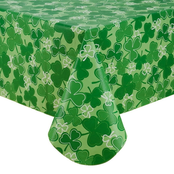 St. Patrick's Day Irish Vinyl Flannel Backed Tablecloth for Dining Room Kitchen Table Decor: St. Pat's Lucky Shamrock Clovers Green White Yellow Gold (St. Pats Traditional, 52" x 70")