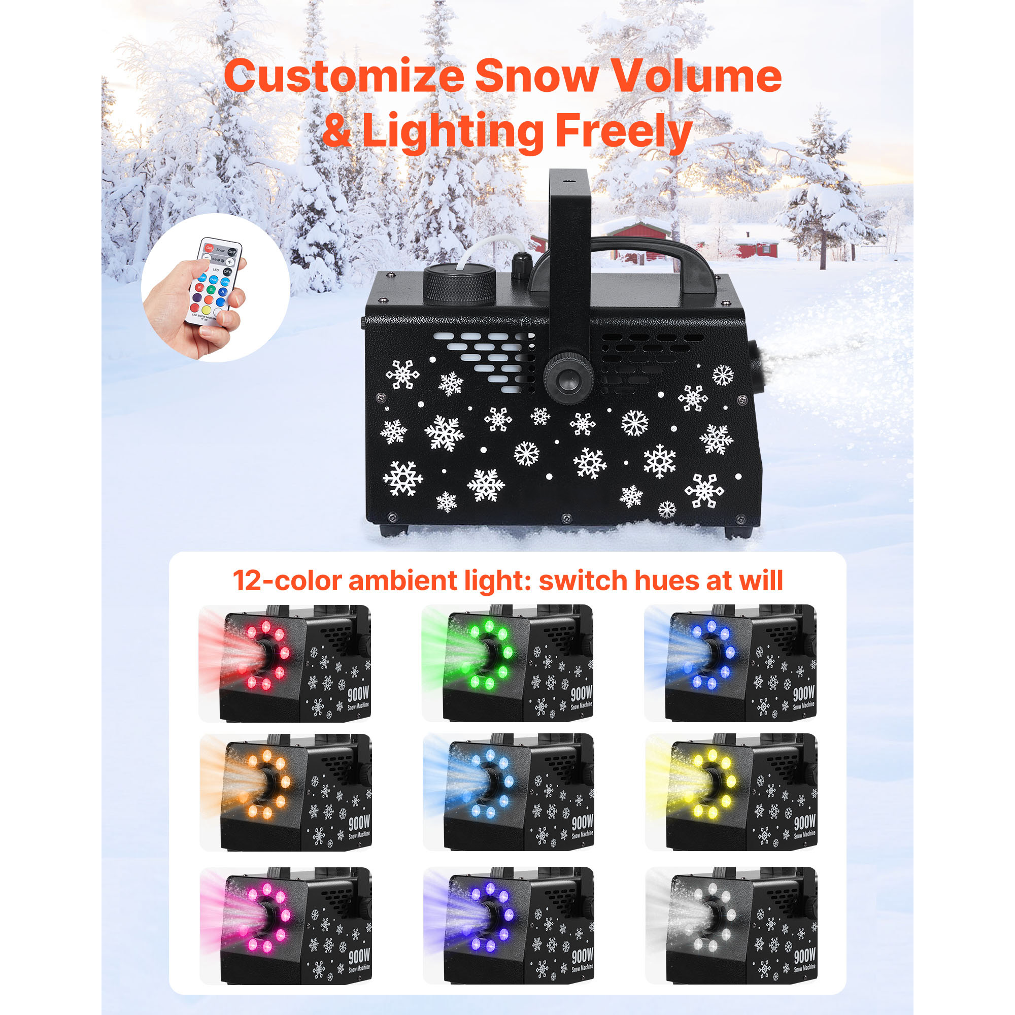 KFFKFF 900W Snow Machine with 9 LED RGB Lights, 12 Color Options, and Wireless Remote, Versatile Handheld or Hanging Design, 1L Tank for Outdoor Snow Effects at Christmas Parties