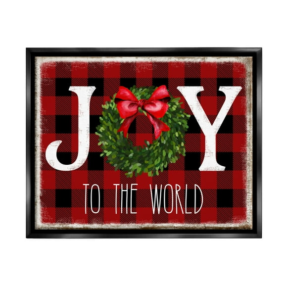 Stupell Industries Joy To World Christmas Charm Buffalo Plaid Jet Black Framed Floating Canvas Wall Art, 16x20, by Deborah Brown