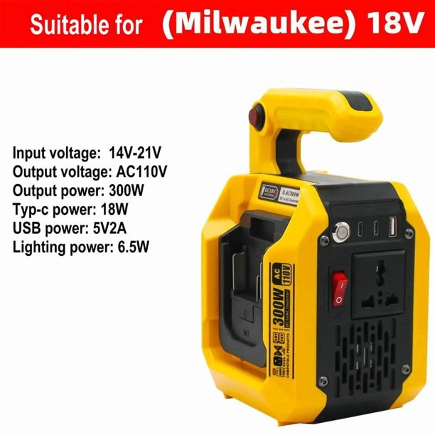 Salida 110V 300W Inversor de Onda Sinusoidal Pura, Inversores Solares para Auto, Compatible con Mil*wau*kee Herramienta Eléctrica de 18V Batería de Litio Accesorios de Conversión de Voltaje