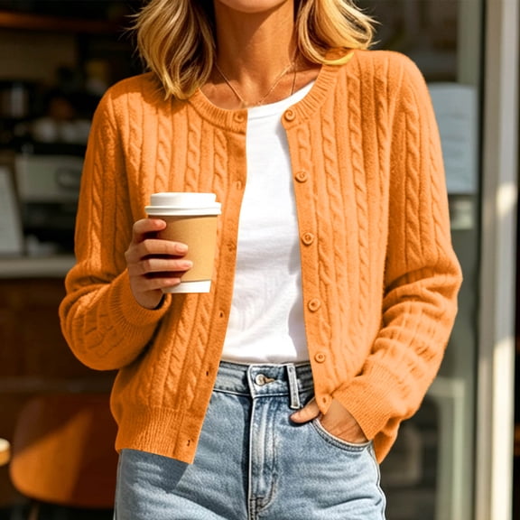 Tusihei Women Long Sleeve Button Down Cardigan Open Front Cable Knitted Layer Blouses Lightweight Soft Coat Fall Winter Sweater Outerwear, Orange L