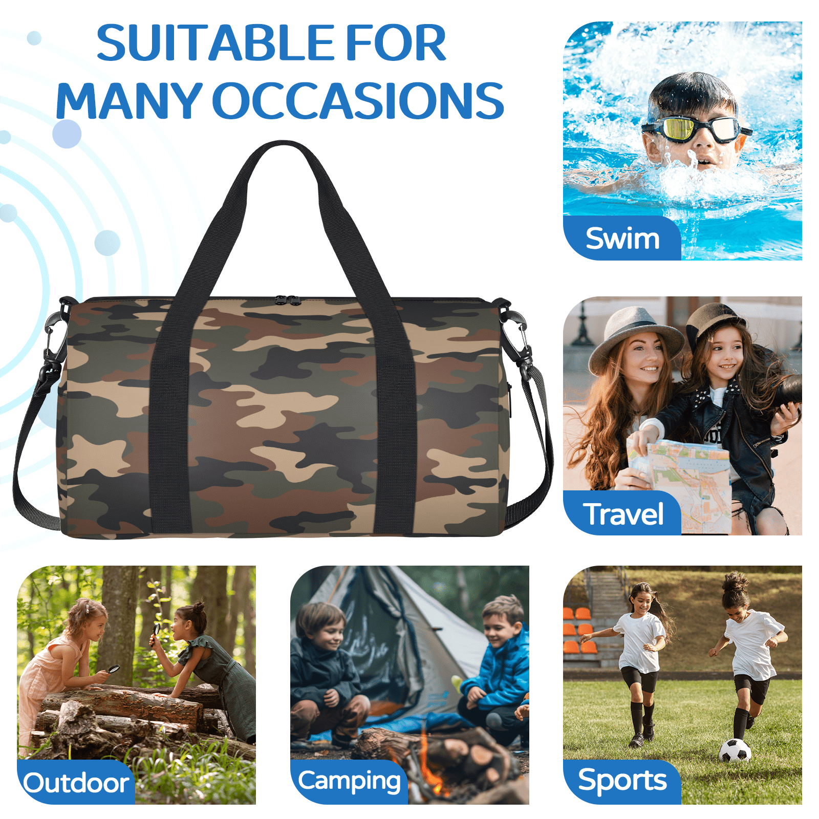 Herdesigns Brown Green Camo Travel Duffle Bag Sports Yoga Weekender Overnight Carry on Workout Bags Lightweight Waterproof Gym Tote Bag for Women