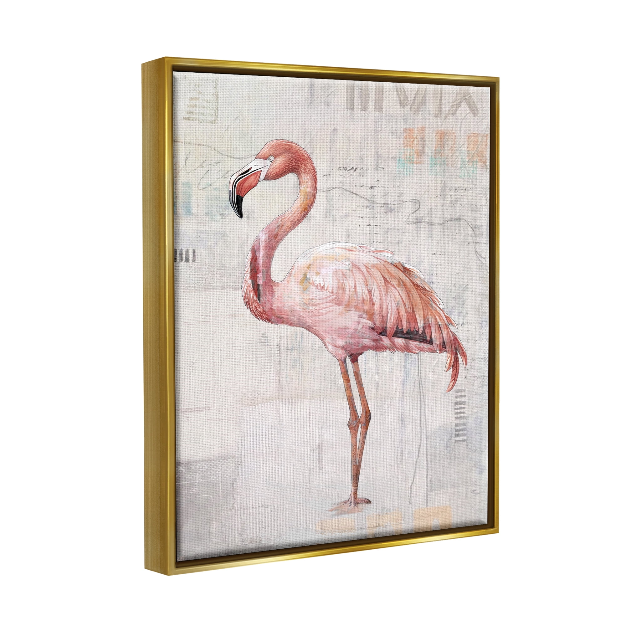 Stupell Industries Flamingo Collage Portrait Animals & Insects Painting Gold Floater Framed Canvas Art Print Wall Art, 17 x 21