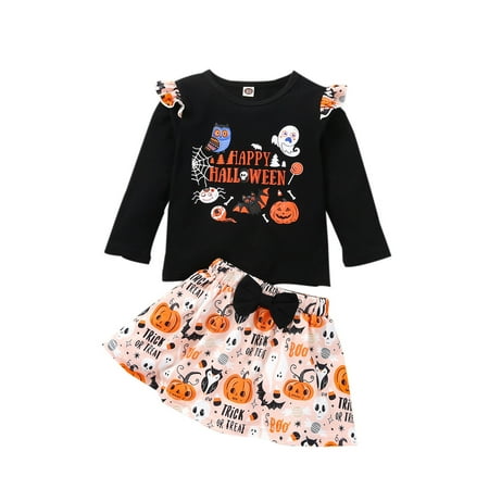 

ZHUASHUM Toddler Baby Girls Halloween Letter Printed Tops+Cartoon Skirts Outfits