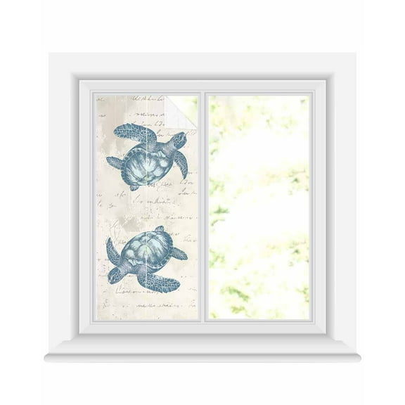 Window Privacy Film Blue Sea Turtle Coastal Stained Glass Window Film Decorative Sun Block Window Cover Summer Beach Ocean Nautical Retro Window Clings Static Sticker for Bathroom 19.6"x39.3"