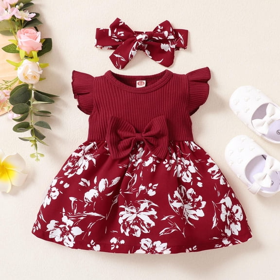 RTKFRFLM Baby Girls Flutter Sleeve Romper Floral Print Dress with Bowknot and Headband Red 6-9 Months