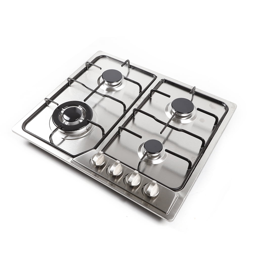 Powerful gas cooktop with four sealed burners, stainless steel surface, thermocouple flameout protection, anti-slip cast iron grates, easy pulsed ignition, ideal for multiple dishes
