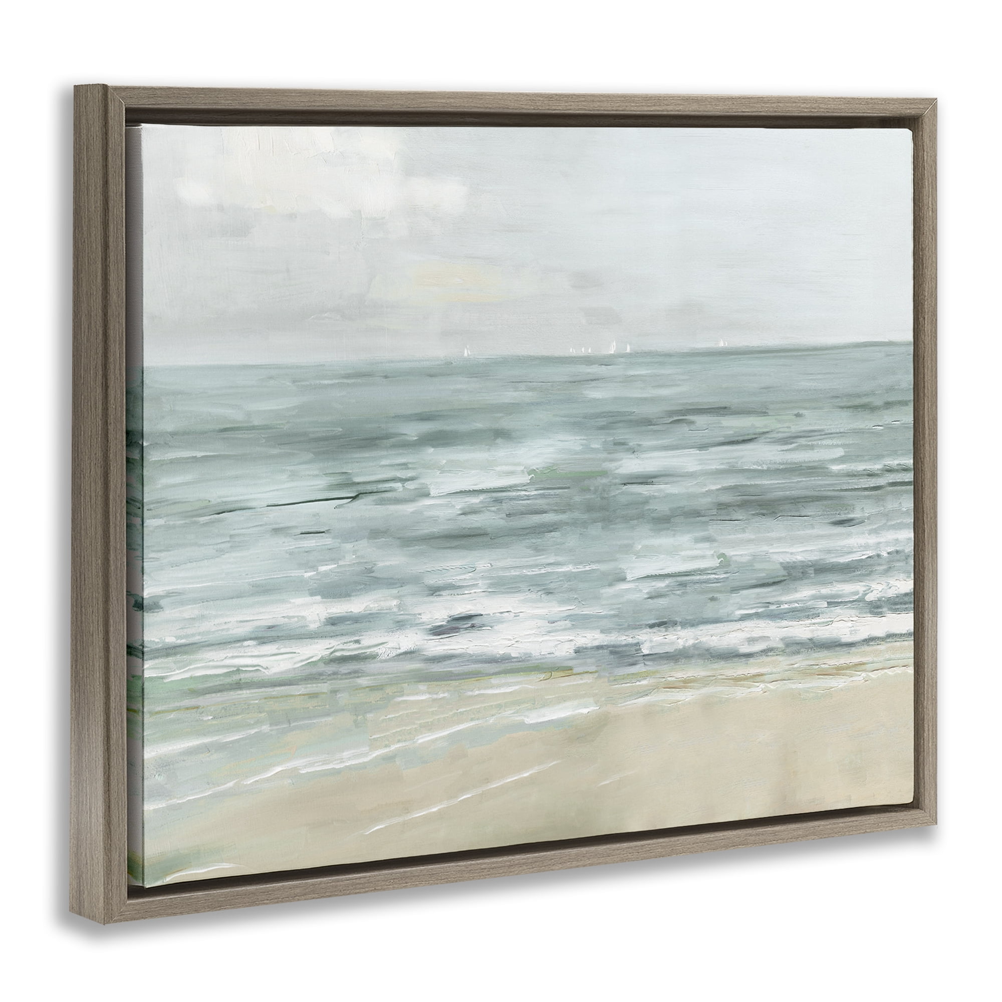 Stupell Industries Brushed Beach Waves Landscape Painting Brown Floater Framed Canvas Art Print Wall Art, 31 x 25