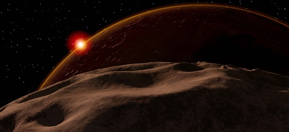 An eclipse of the Sun by Mars as seen from the surface of its moon