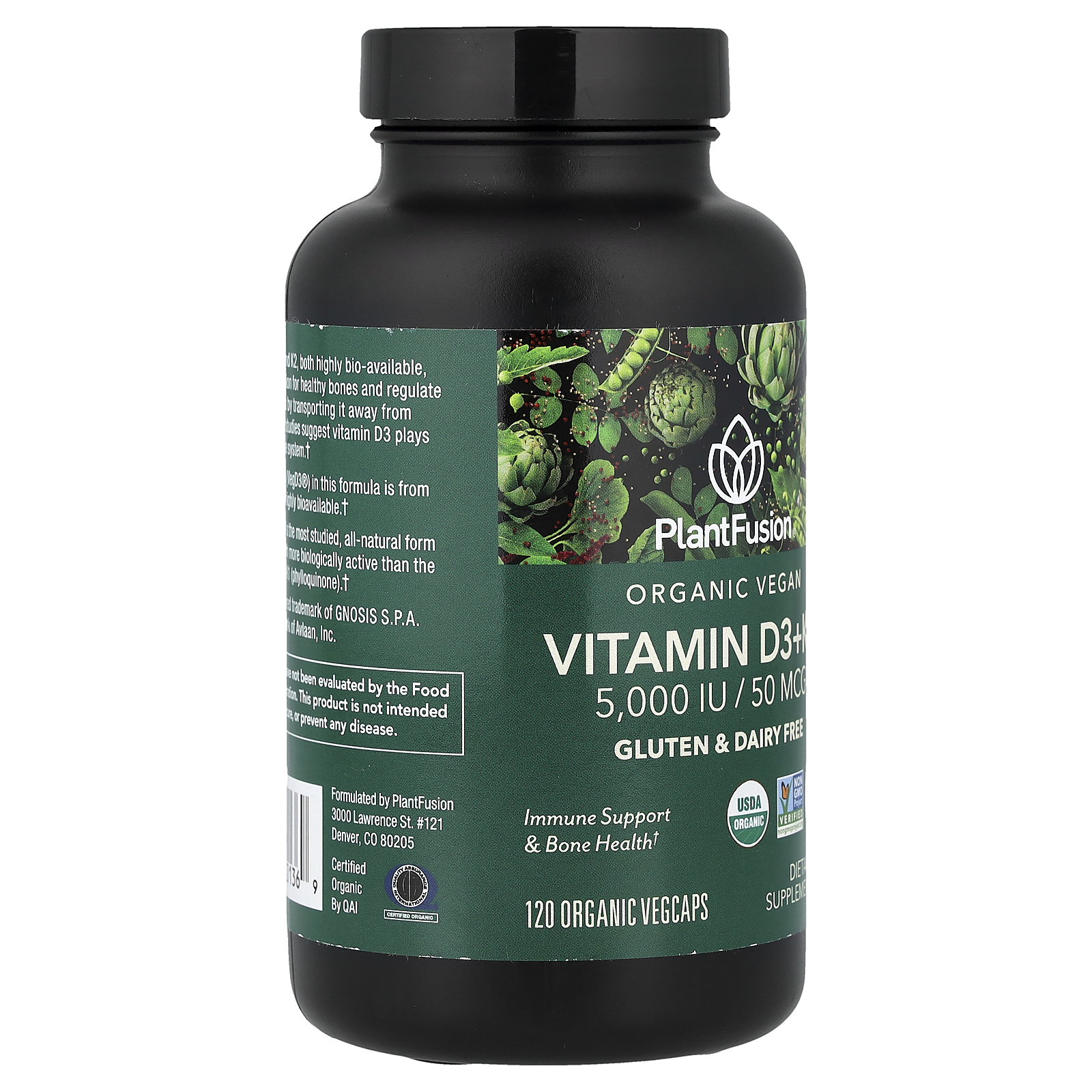 PlantFusion Organic Vegan, Vitamin D3 + K2, 120 Organic VegCaps
