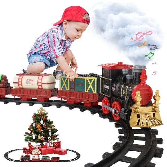 Lilian&Gema Train Set Toys, Electric Train Car Track Play Set with Lights, Sounds, 3 Cargo Cars & 16 Tracks, Steam Engine Train Toy Gifts for Kids Aged 3 4 5 6 