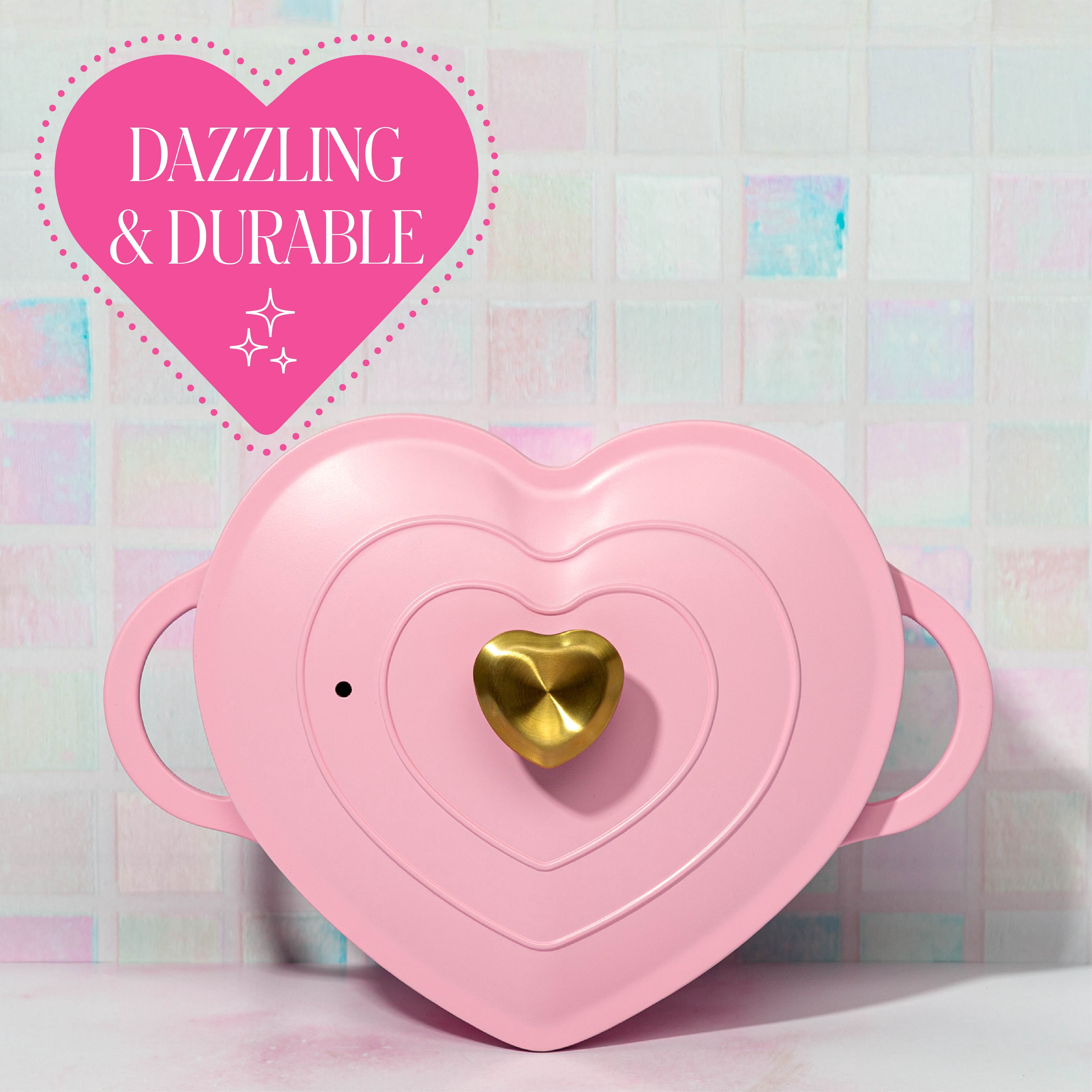 Paris Hilton 2.2-Quart Ceramic Nonstick Cast Aluminum Heart-shaped Dutch Oven with Lid, Oven Safe, Dishwasher Safe, Pink