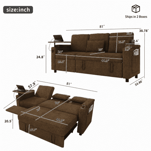 81" 3-in-1 Convertible Sofa Bed, Electric Recliner & Sleeper with Table, USB Ports, Storage Armrests, Chenille, 6 Adjustable Positions, khaki