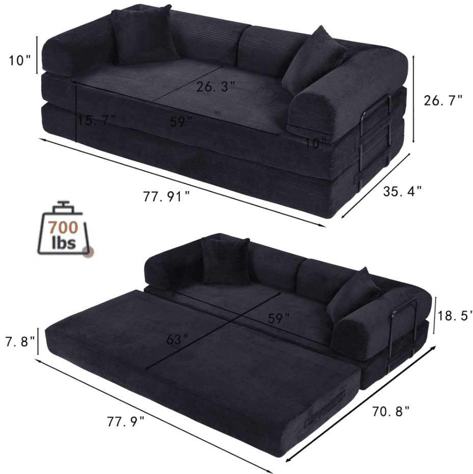 BSHTI 4-in-1 Modular Convertible Sofa Bed – No Assembly Required, Vacuum Compressed, High-Density Foam, Corduroy Fabric, Foldable Floor Couch, Space Saver, for Apartment Dorm Office