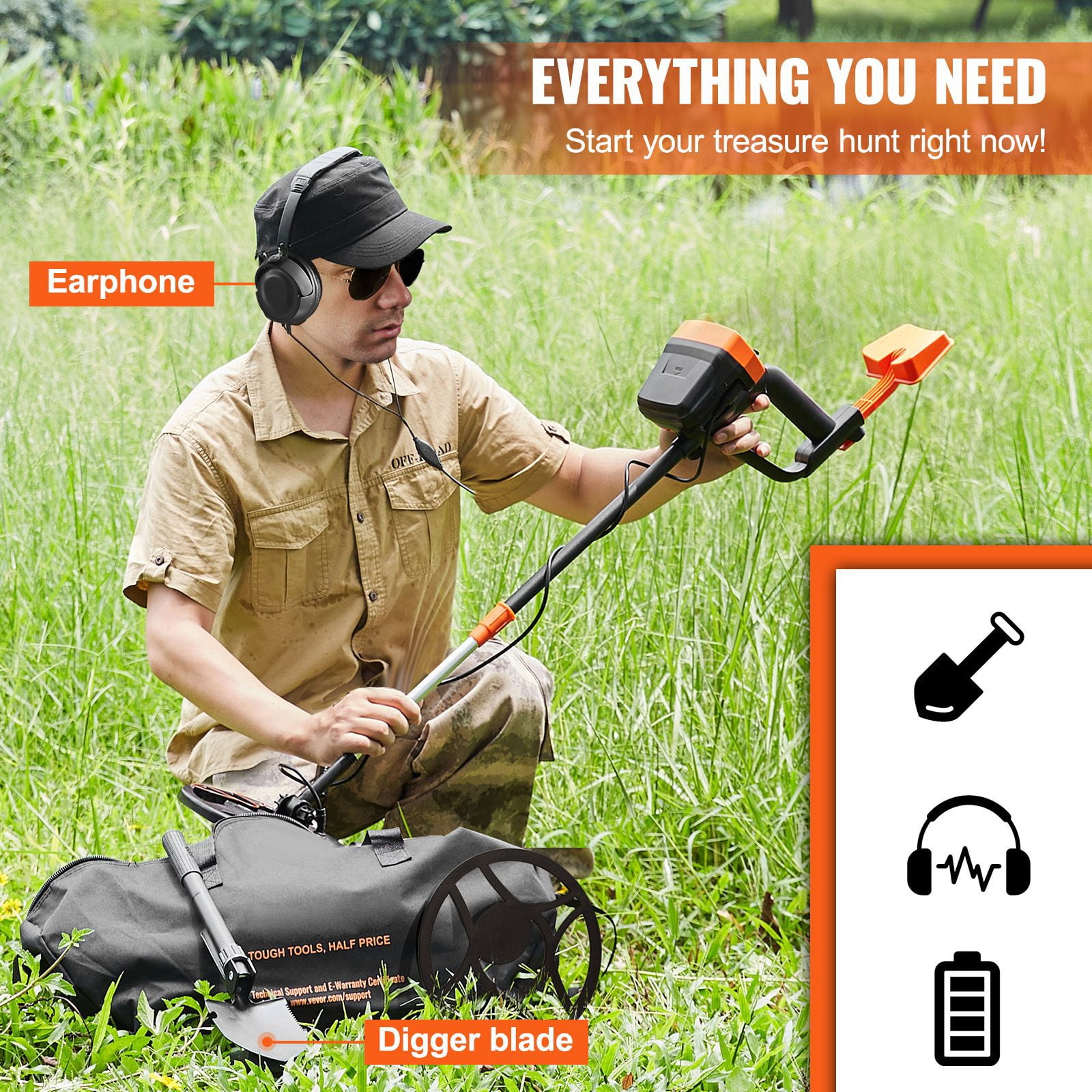 8-Inch Professional Metal Detector with LCD Display, 2 Detection Modes, IP68 Waterproof Coil, Adjustable 38-49" Handle, Headphone & Shovel Included