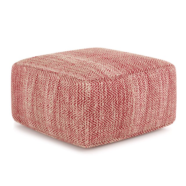 SIMPLIHOME Nate Square Pouf, Footstool, Upholstered in Patterned Maroon Melange Hand Woven Cotton, for the Living Room, Bedroom and Kids Room, Transitional, Boho