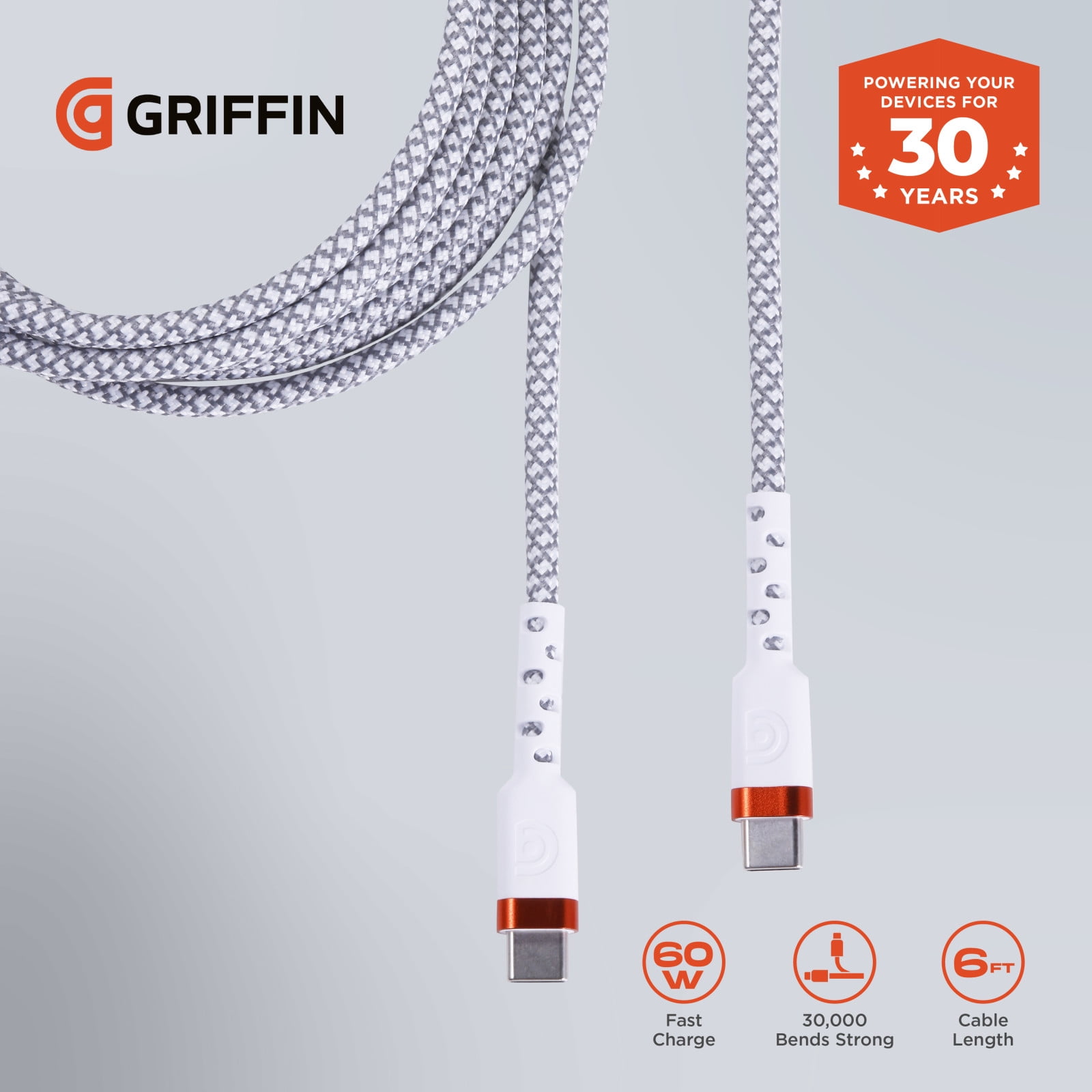 Griffin 6ft Ultra Durable USB-C to USB-C Charge & Sync Cable – Fast Charging, 30,000 Bends Strong, Compatible with Android, iPhone, Tablets, USB-C Device, High-Speed Charging Cable