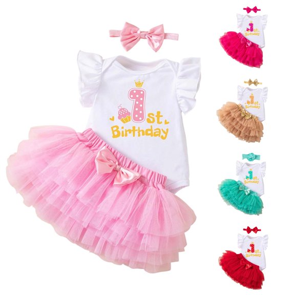Krdevn Baby Girls 1st Birthday Tutu Outfit Romper Tulle Skirt and Headband 3 Piece Set,9-12 Months