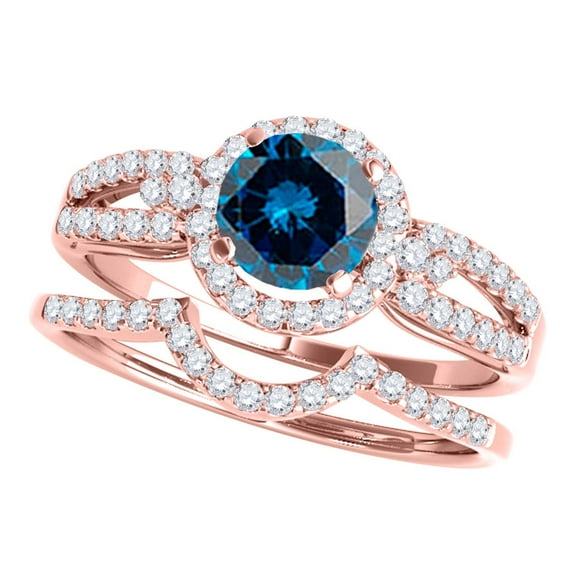 Aonejewelry 1.35 Ct. Halo Blue Diamond Engagement Bridal Set In 14k Rose Gold