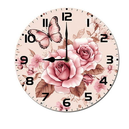 ZXCXRQFa Butterfly Rose Flower Wooden Silent Non-Ticking 10 Inch Round Clocks Battery Operated Analog for Living Room Kitchen Bedroom Bathroom Office Home School Decor
