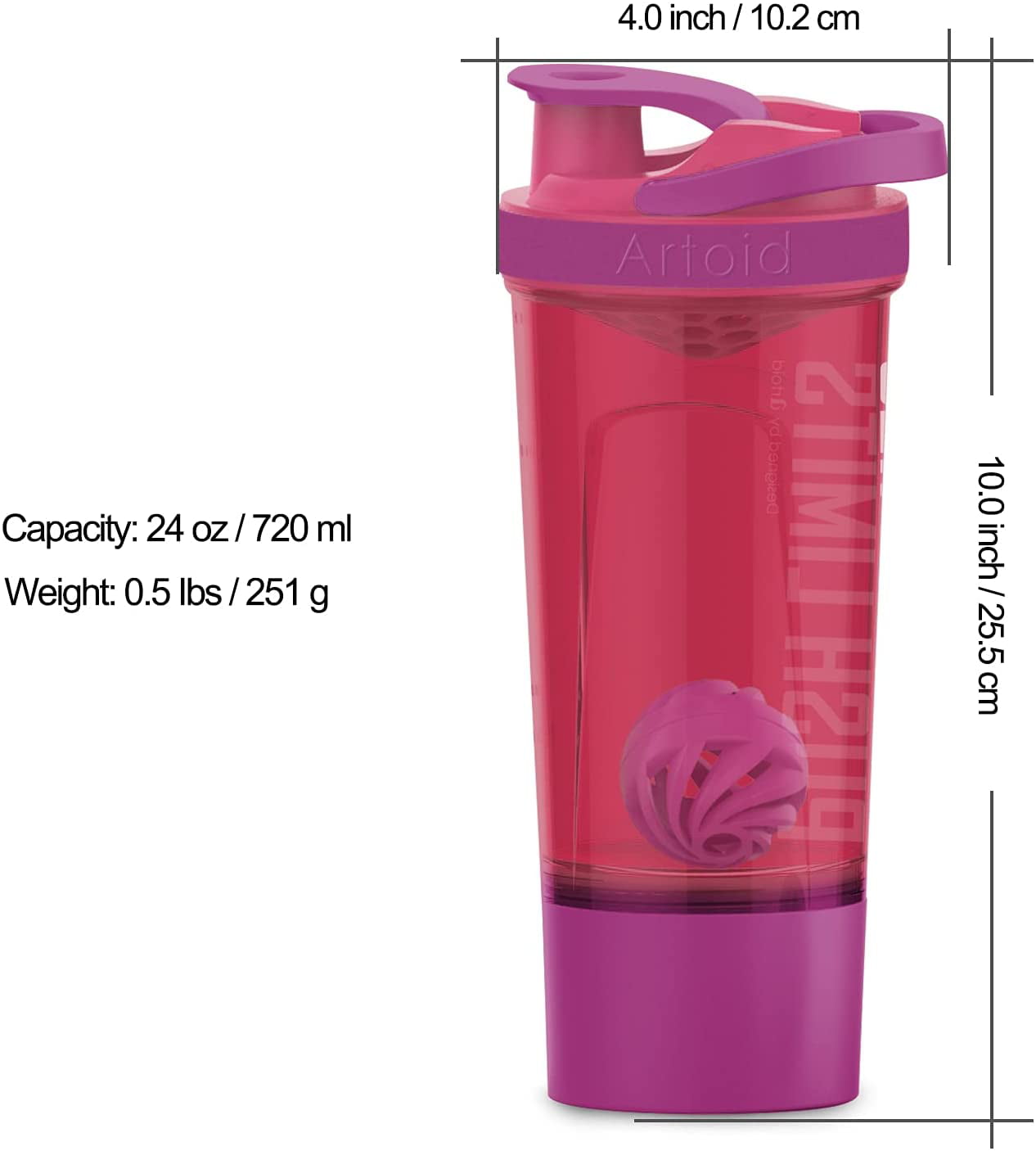 Artoid Mode Protein Shaker Bottle with Blender Balls Mixing Grids Flip-Top,  24 oz, Pink 