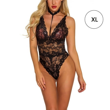

Women Enchanting Mesh Lace Lingerie Deep V Underwear Bodysuit Nightwear Black XL