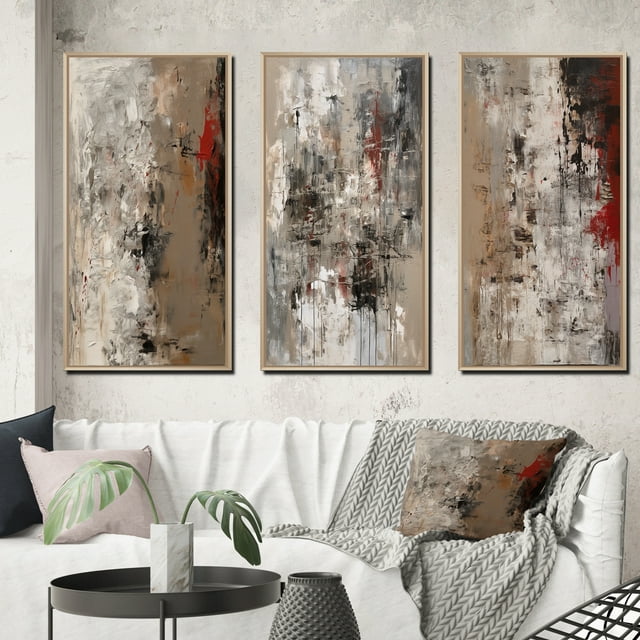 Designart "Fading Passion Retro Beige and Red Abstract II" Abstract Painting Framed Wall Art Set Of 3 - Red Modern Frame Gallery Wall Set For Home Decor