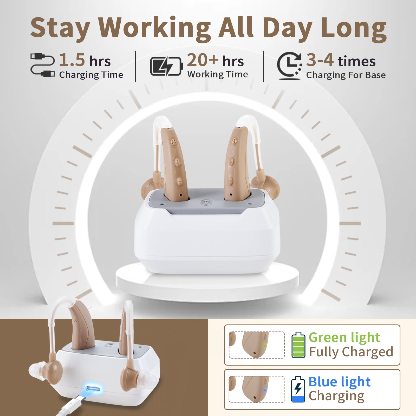 HIBRIQ Digital Hearing Aids for Seniors, Rechargeable with Charging Base, 4-Mode for Hearing Loss, Button Control
