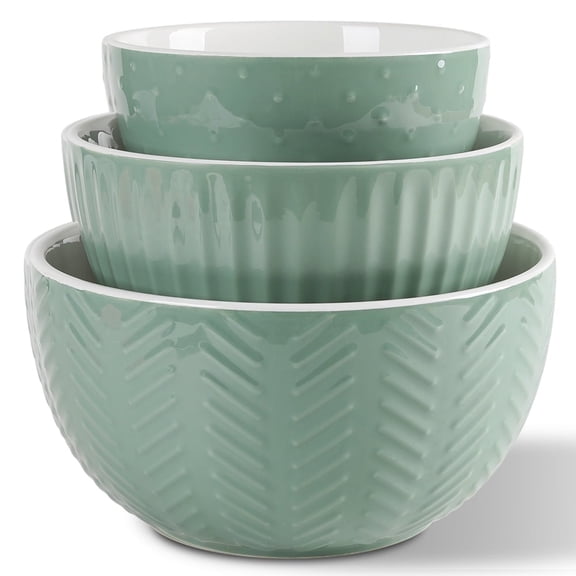 HAPPY KIT Ceramic Mixing Bowls Set of 3, Large 5/3/1.5 Quart Bowl For Kitchen , Avocado green