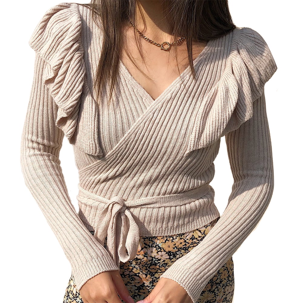 Women's Front Tie V Neck Sweater Casual Long Sleeve Solid Jumper Tops Knitwear 